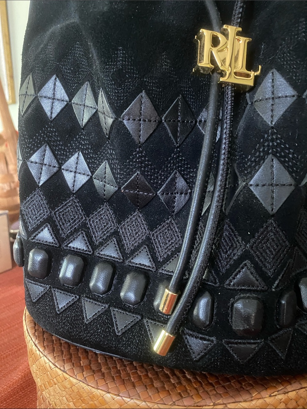 Lauren Ralph Lauren Fair Isle Black Suede Andie Drawstring Bucket Bag - Picture 3 of 16